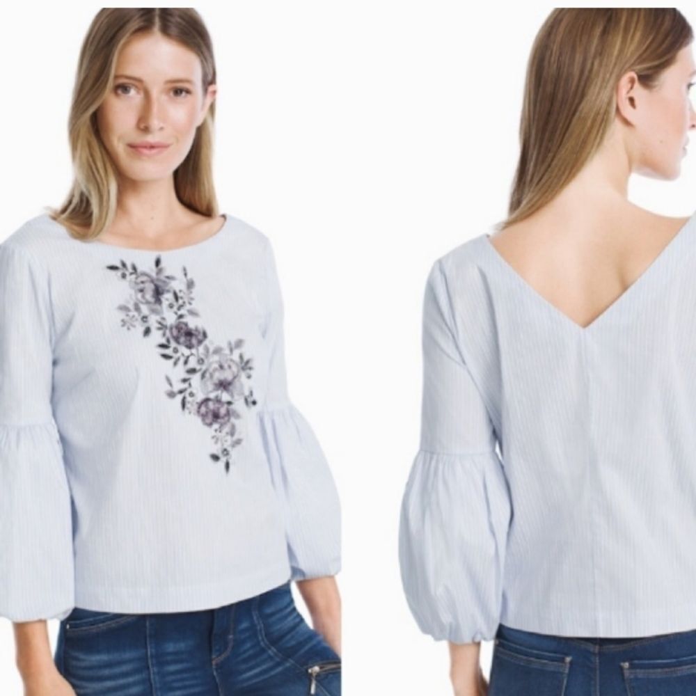 WHBM Jardin Pinstripe Puff Sleeve Round Neck V neck Back Boho Party Blouse Sz 16